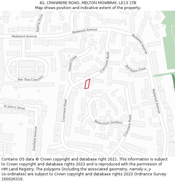 82, CRANMERE ROAD, MELTON MOWBRAY, LE13 1TB: Location map and indicative extent of plot