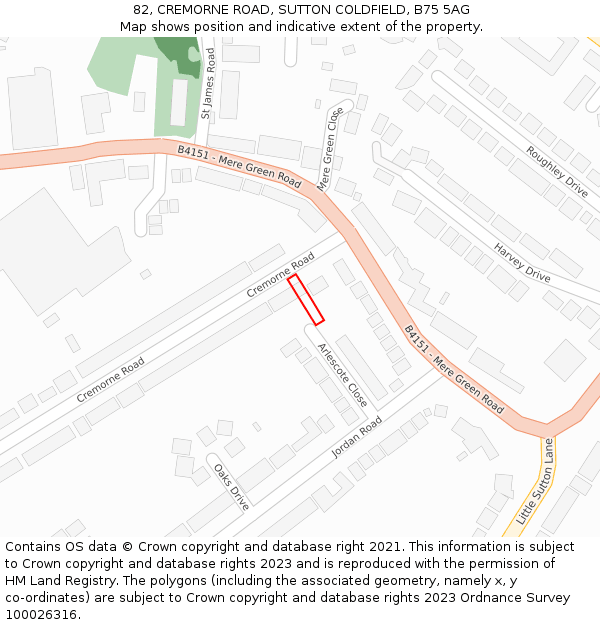 82, CREMORNE ROAD, SUTTON COLDFIELD, B75 5AG: Location map and indicative extent of plot