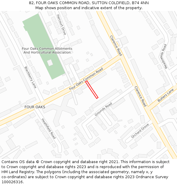82, FOUR OAKS COMMON ROAD, SUTTON COLDFIELD, B74 4NN: Location map and indicative extent of plot