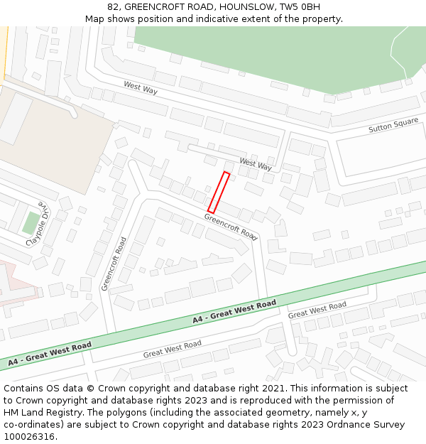 82, GREENCROFT ROAD, HOUNSLOW, TW5 0BH: Location map and indicative extent of plot