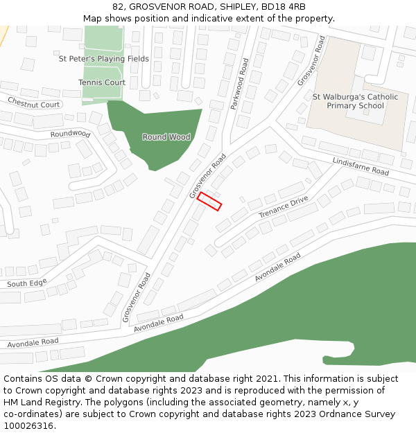 82, GROSVENOR ROAD, SHIPLEY, BD18 4RB: Location map and indicative extent of plot