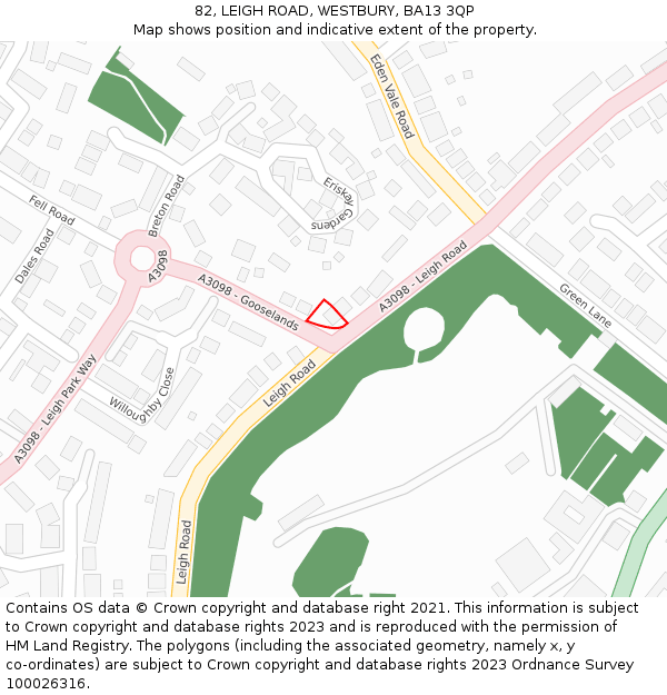 82, LEIGH ROAD, WESTBURY, BA13 3QP: Location map and indicative extent of plot