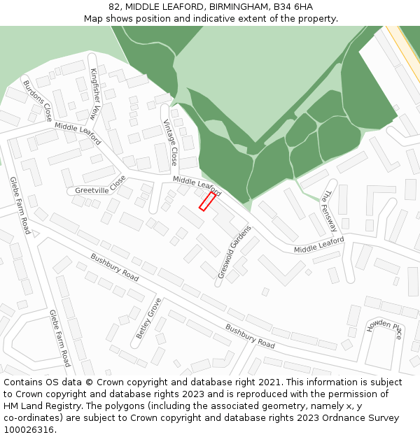 82, MIDDLE LEAFORD, BIRMINGHAM, B34 6HA: Location map and indicative extent of plot