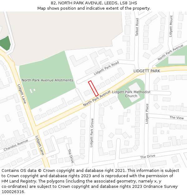 82, NORTH PARK AVENUE, LEEDS, LS8 1HS: Location map and indicative extent of plot