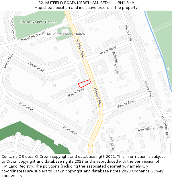 82, NUTFIELD ROAD, MERSTHAM, REDHILL, RH1 3HA: Location map and indicative extent of plot