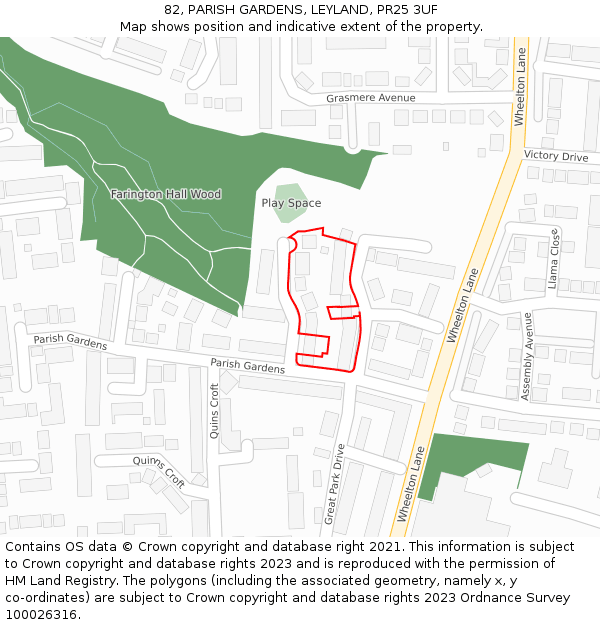 82, PARISH GARDENS, LEYLAND, PR25 3UF: Location map and indicative extent of plot