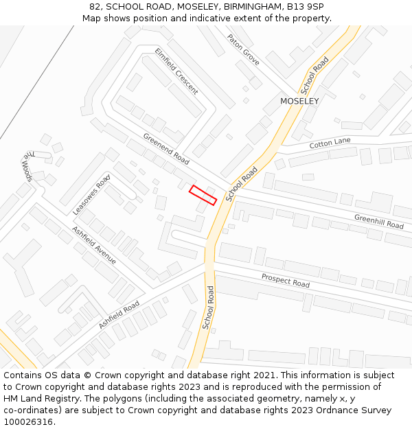 82, SCHOOL ROAD, MOSELEY, BIRMINGHAM, B13 9SP: Location map and indicative extent of plot