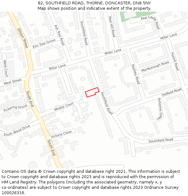 82, SOUTHFIELD ROAD, THORNE, DONCASTER, DN8 5NY: Location map and indicative extent of plot