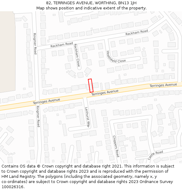 82, TERRINGES AVENUE, WORTHING, BN13 1JH: Location map and indicative extent of plot
