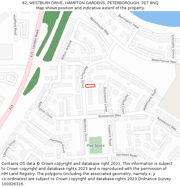 82, WESTBURY DRIVE, HAMPTON GARDENS, PETERBOROUGH, PE7 8NQ: Location map and indicative extent of plot