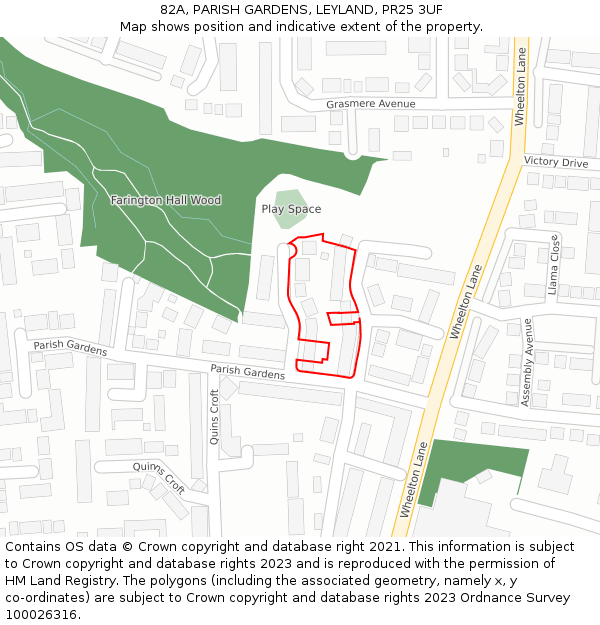 82A, PARISH GARDENS, LEYLAND, PR25 3UF: Location map and indicative extent of plot