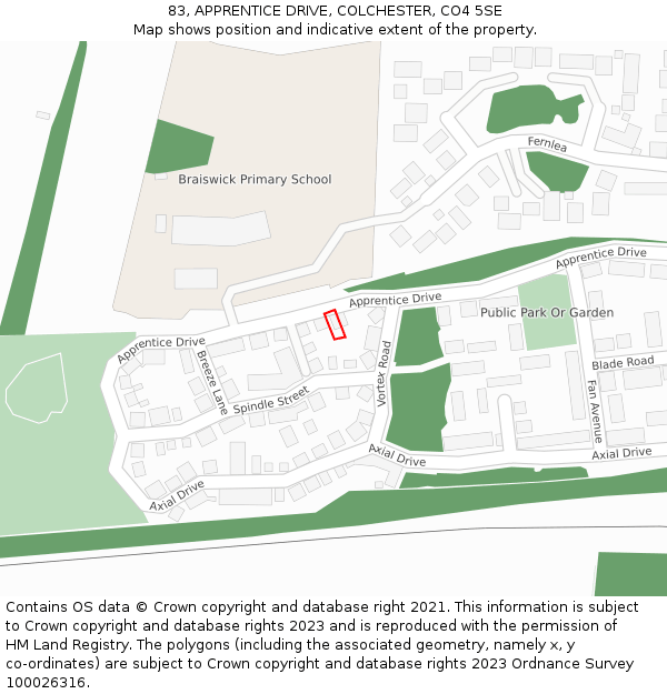 83, APPRENTICE DRIVE, COLCHESTER, CO4 5SE: Location map and indicative extent of plot