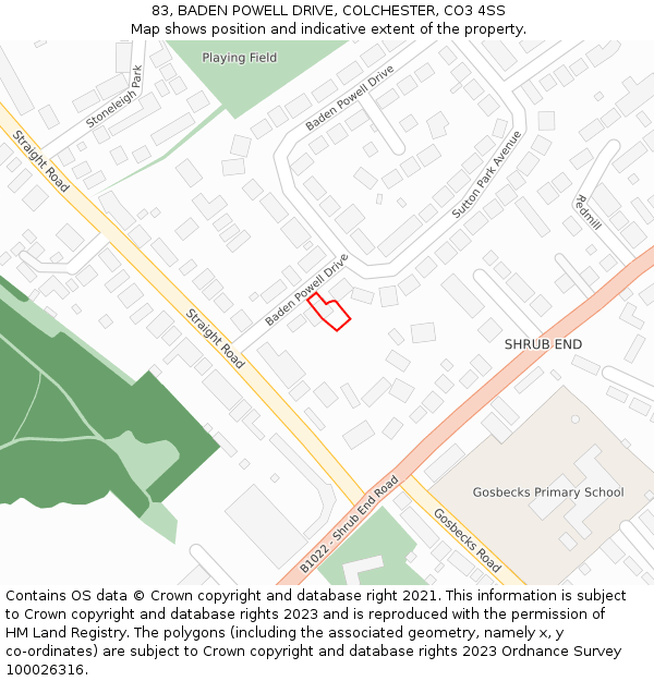83, BADEN POWELL DRIVE, COLCHESTER, CO3 4SS: Location map and indicative extent of plot