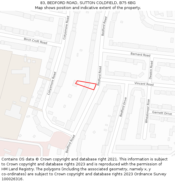 83, BEDFORD ROAD, SUTTON COLDFIELD, B75 6BG: Location map and indicative extent of plot
