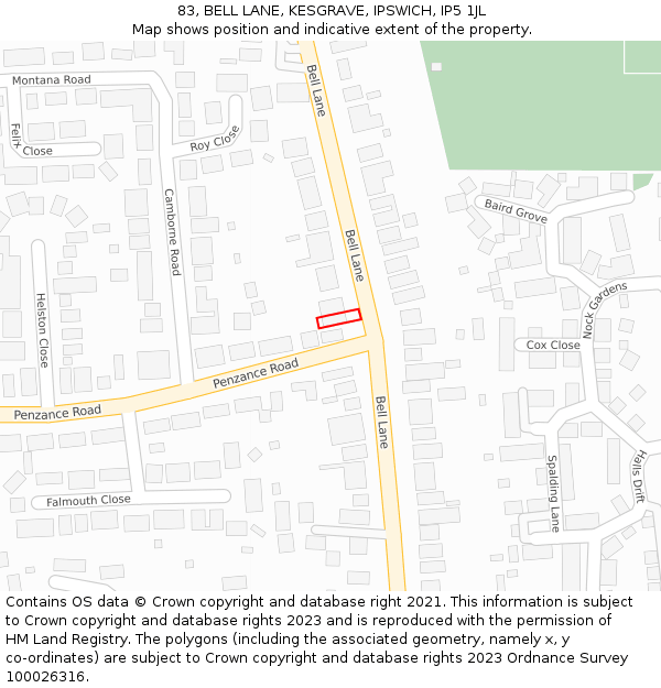 83, BELL LANE, KESGRAVE, IPSWICH, IP5 1JL: Location map and indicative extent of plot