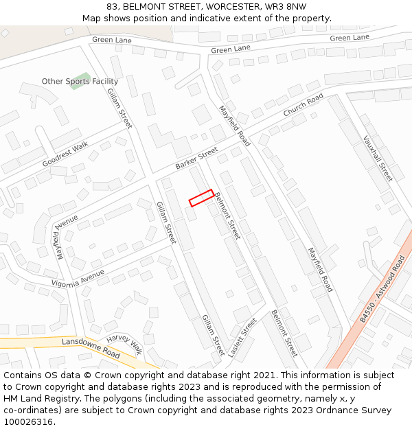 83, BELMONT STREET, WORCESTER, WR3 8NW: Location map and indicative extent of plot