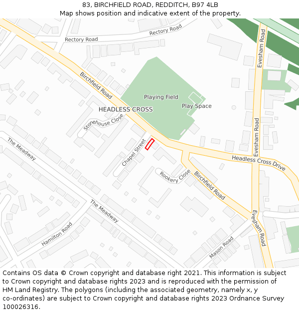 83, BIRCHFIELD ROAD, REDDITCH, B97 4LB: Location map and indicative extent of plot