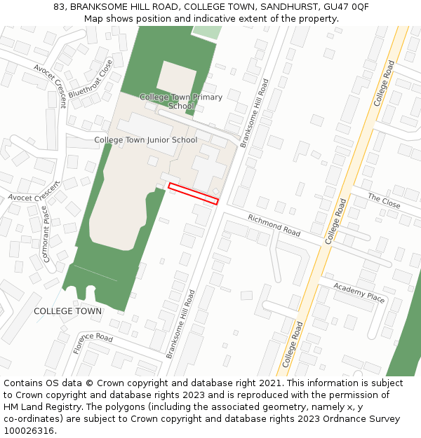 83, BRANKSOME HILL ROAD, COLLEGE TOWN, SANDHURST, GU47 0QF: Location map and indicative extent of plot