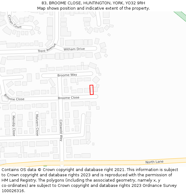 83, BROOME CLOSE, HUNTINGTON, YORK, YO32 9RH: Location map and indicative extent of plot