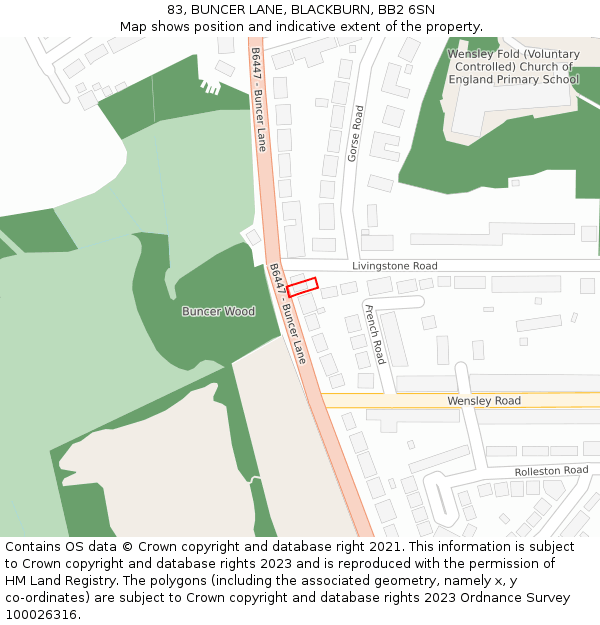 83, BUNCER LANE, BLACKBURN, BB2 6SN: Location map and indicative extent of plot