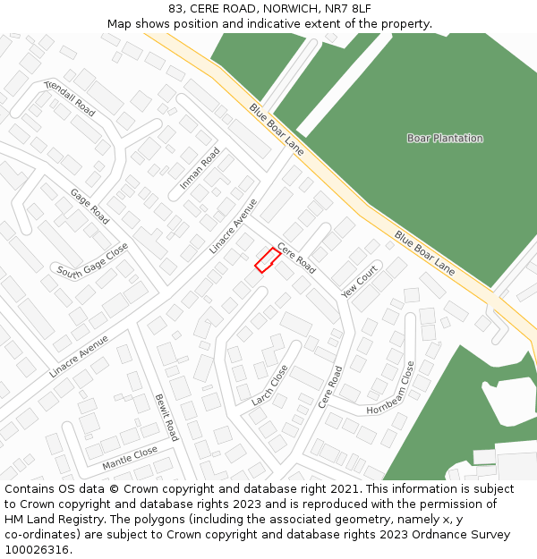 83, CERE ROAD, NORWICH, NR7 8LF: Location map and indicative extent of plot