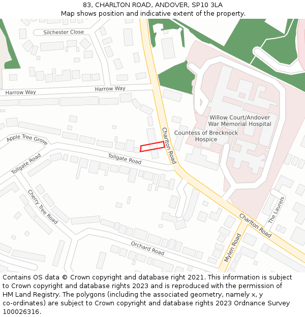 83, CHARLTON ROAD, ANDOVER, SP10 3LA: Location map and indicative extent of plot