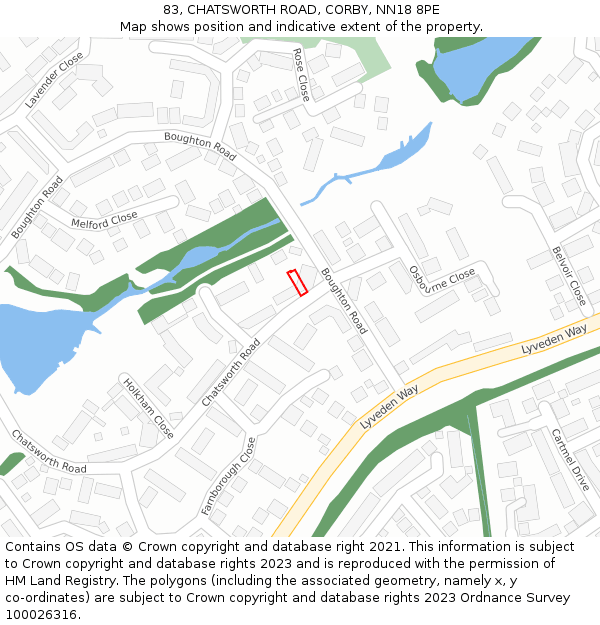 83, CHATSWORTH ROAD, CORBY, NN18 8PE: Location map and indicative extent of plot