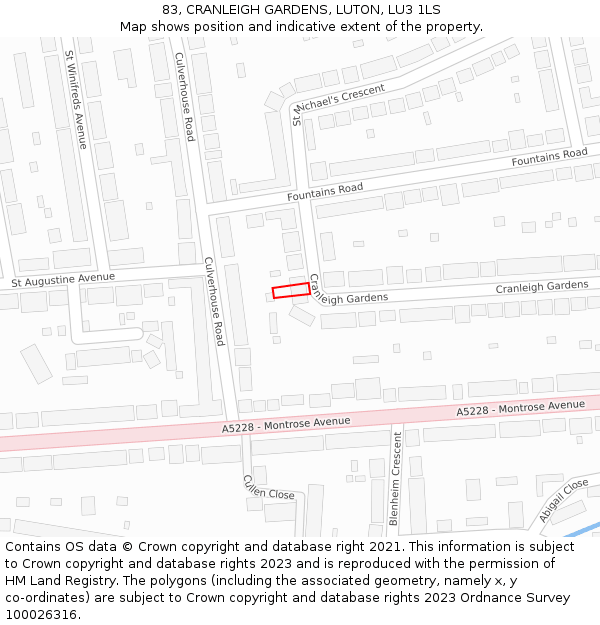 83, CRANLEIGH GARDENS, LUTON, LU3 1LS: Location map and indicative extent of plot
