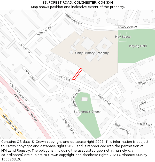 83, FOREST ROAD, COLCHESTER, CO4 3XH: Location map and indicative extent of plot