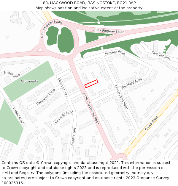 83, HACKWOOD ROAD, BASINGSTOKE, RG21 3AP: Location map and indicative extent of plot