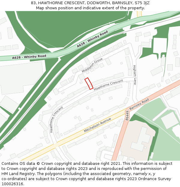 83, HAWTHORNE CRESCENT, DODWORTH, BARNSLEY, S75 3JZ: Location map and indicative extent of plot