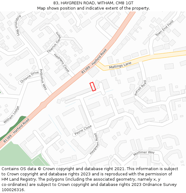 83, HAYGREEN ROAD, WITHAM, CM8 1GT: Location map and indicative extent of plot