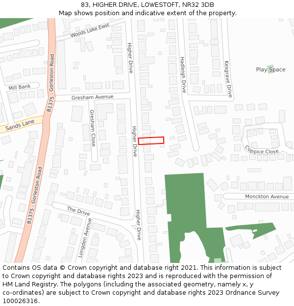 83, HIGHER DRIVE, LOWESTOFT, NR32 3DB: Location map and indicative extent of plot