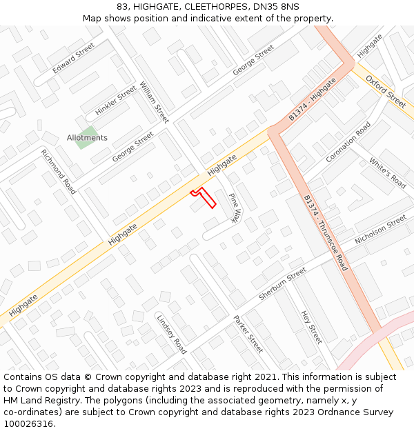 83, HIGHGATE, CLEETHORPES, DN35 8NS: Location map and indicative extent of plot