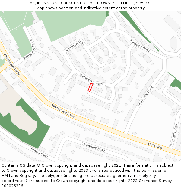 83, IRONSTONE CRESCENT, CHAPELTOWN, SHEFFIELD, S35 3XT: Location map and indicative extent of plot