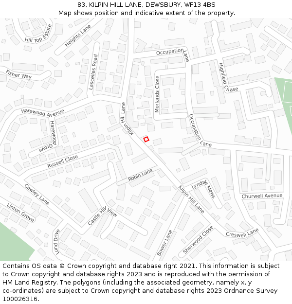 83, KILPIN HILL LANE, DEWSBURY, WF13 4BS: Location map and indicative extent of plot