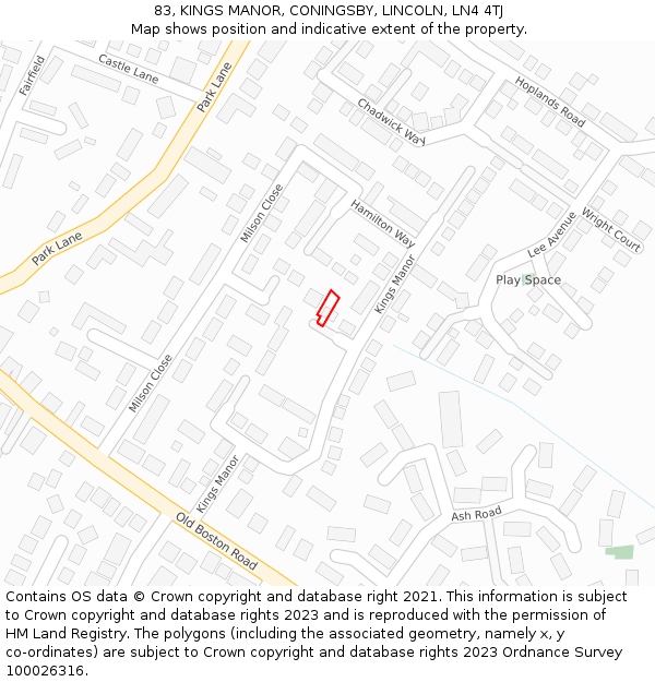83, KINGS MANOR, CONINGSBY, LINCOLN, LN4 4TJ: Location map and indicative extent of plot