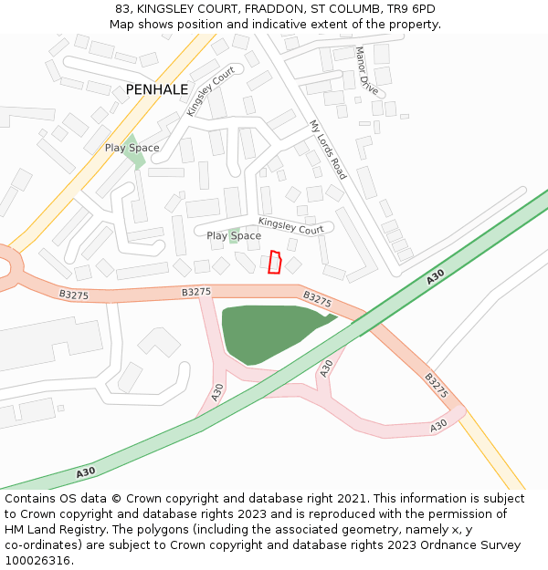 83, KINGSLEY COURT, FRADDON, ST COLUMB, TR9 6PD: Location map and indicative extent of plot