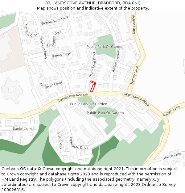83, LANDSCOVE AVENUE, BRADFORD, BD4 0NQ: Location map and indicative extent of plot