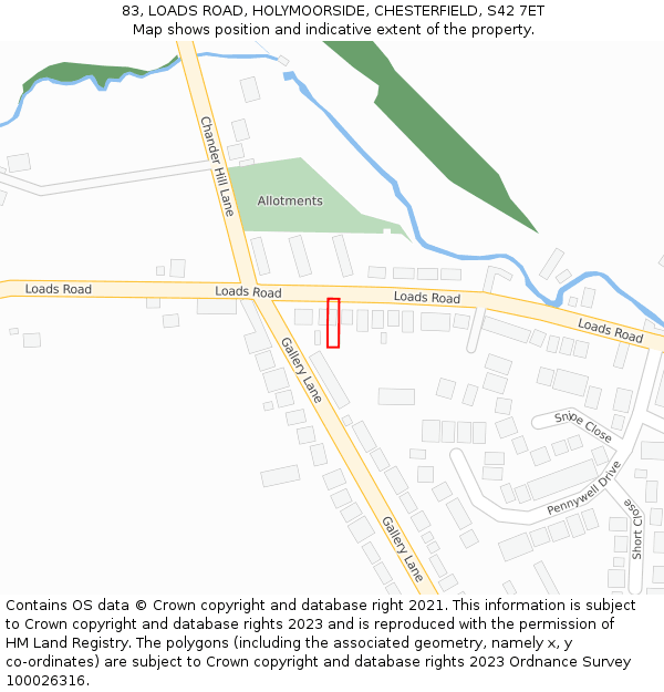 83, LOADS ROAD, HOLYMOORSIDE, CHESTERFIELD, S42 7ET: Location map and indicative extent of plot