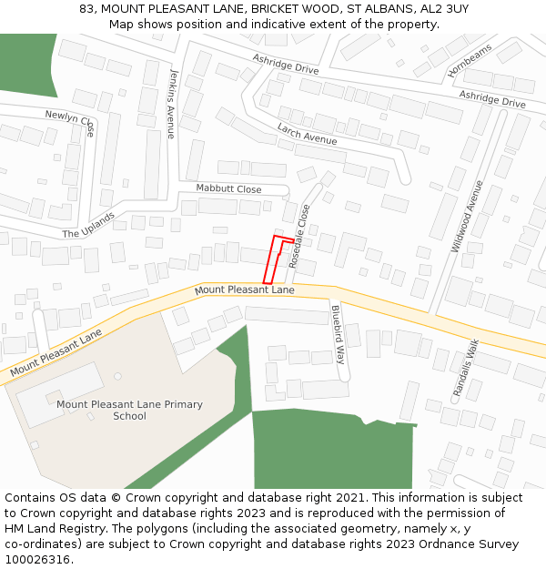 83, MOUNT PLEASANT LANE, BRICKET WOOD, ST ALBANS, AL2 3UY: Location map and indicative extent of plot