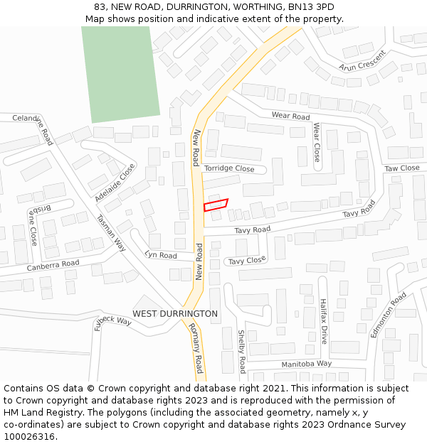 83, NEW ROAD, DURRINGTON, WORTHING, BN13 3PD: Location map and indicative extent of plot
