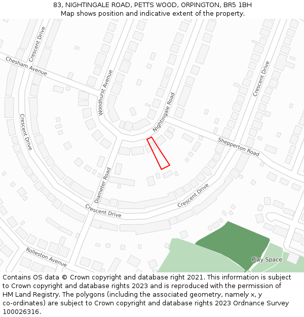 83, NIGHTINGALE ROAD, PETTS WOOD, ORPINGTON, BR5 1BH: Location map and indicative extent of plot