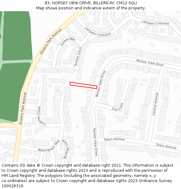 83, NORSEY VIEW DRIVE, BILLERICAY, CM12 0QU: Location map and indicative extent of plot