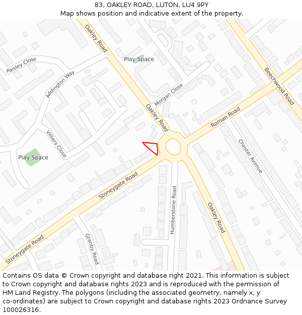 83, OAKLEY ROAD, LUTON, LU4 9PY: Location map and indicative extent of plot