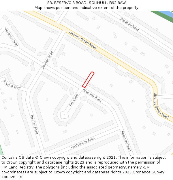 83, RESERVOIR ROAD, SOLIHULL, B92 8AW: Location map and indicative extent of plot