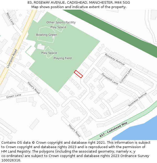 83, ROSEWAY AVENUE, CADISHEAD, MANCHESTER, M44 5GG: Location map and indicative extent of plot