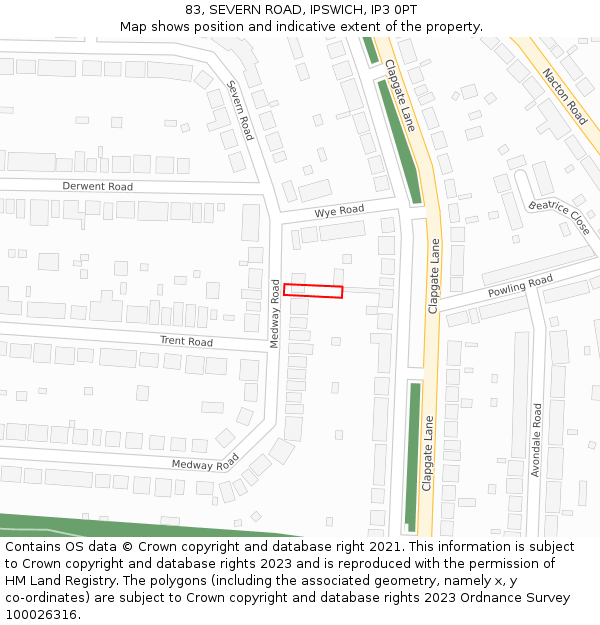 83, SEVERN ROAD, IPSWICH, IP3 0PT: Location map and indicative extent of plot