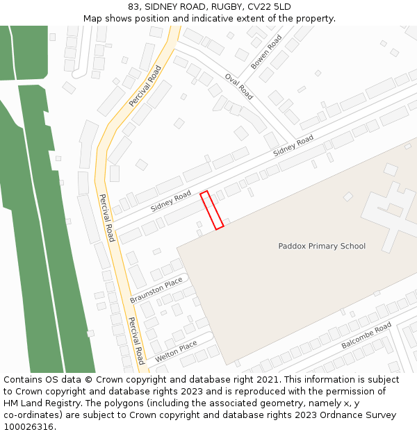 83, SIDNEY ROAD, RUGBY, CV22 5LD: Location map and indicative extent of plot