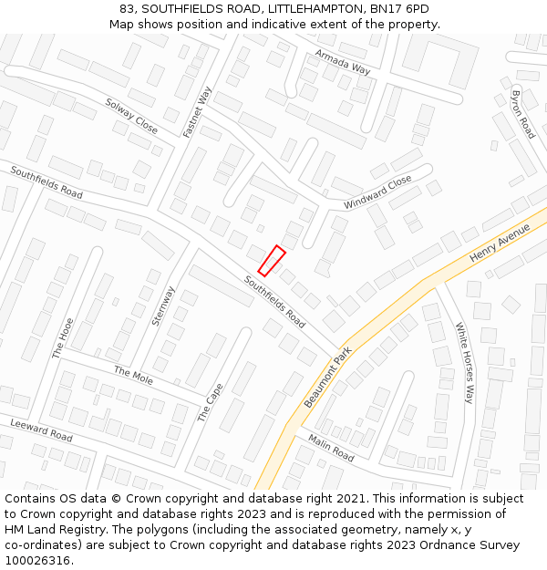 83, SOUTHFIELDS ROAD, LITTLEHAMPTON, BN17 6PD: Location map and indicative extent of plot